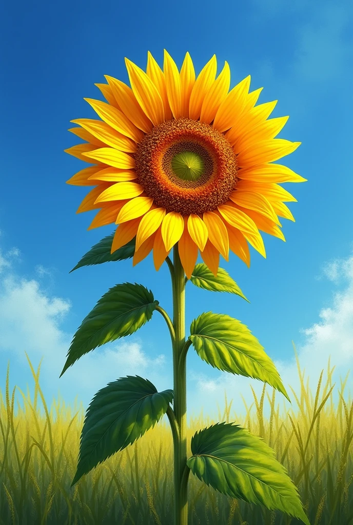 High resolution,Highest quality,(Vibrant colors,saturated color),(Realistic,photoRealistic) sunflower,(Detailed leaves,Tall stem),Petals in multiple shades of yellow and orange,Thick textured petals,Big Flower,Intricate details,Rich,overlapping petals,Densely packed,Contrast between blue sky and green field,Impressionist style,Soft brush strokes,Play of light and shadow,Shining Sunshine,Slightly tilted angle