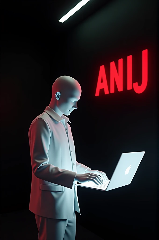 Create 3D image of invisible man wearing white jacket and doing work on computer program "ANUJ"is written with red Leon color on background and the background color is black and 1 tube light is glowing on the wall 
