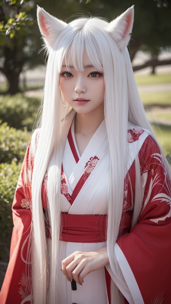 White Demon Fox、Nine-tailed Fox、Japanese women、kimono、Fair skin、Red lines on face、8K、I have long hair