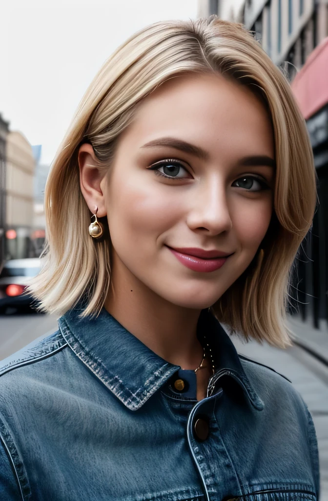 photo of (EPB3b4h4n-380:0.99), a woman, perfect blonde hair, posing, (selfie photo, Denim collared shirt half-tucked into a denim flared skirt, layered with a leather jacket and ankle boots.), (Street performance in background:1.2),(closeup portrait), necklace, stud earrings, 24mm, (Instagram Smartphone Filters), (cinematic, film grain:1.3), ((brilliant colour, gradient)), ((detailed eyes)), smiling, (epicPhoto)
