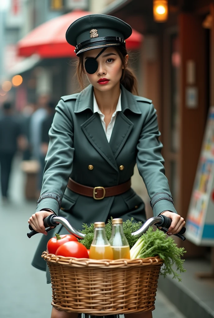 (An eye patch made of black leather on one eye:1.9), A young and very beautiful woman wearing a black, sexy, very tight military uniform.、Very detailed顔の特徴, Thick lips, Beautiful Eyes, A seductive and intimidating look、Perfect Skin, Ideal body type, military cap, Riding a bicycle with a basket:1.7, In the basket are vegetables, a bottle of juice, and a box of sweets.、In a typical Japanese shopping street, Realistic, 8k, Very detailed, Cinema Lighting, Dramatic Shadows, Cold Tones,
