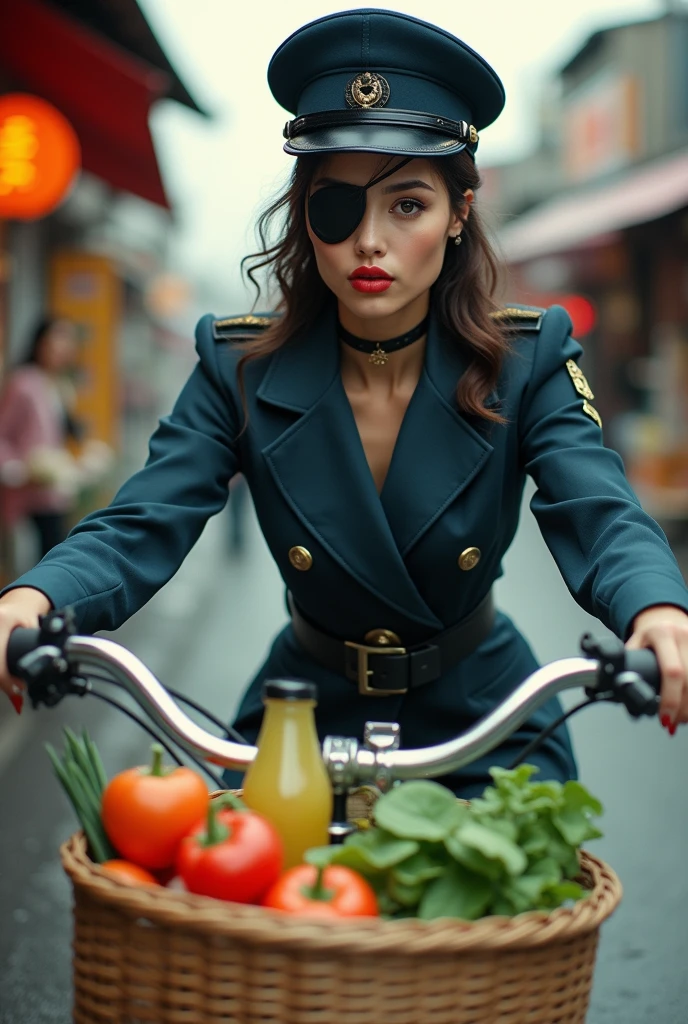 (An eye patch made of black leather on one eye:1.9), A young and very beautiful woman wearing a black, sexy, very tight military uniform.、Very detailed顔の特徴, Thick lips, Beautiful Eyes, A seductive and intimidating look、Perfect Skin, Ideal body type, military cap, Riding a bicycle with a basket:1.7, In the basket are vegetables, a bottle of juice, and a box of sweets.、In a typical Japanese shopping street, Realistic, 8k, Very detailed, Cinema Lighting, Dramatic Shadows, Cold Tones, 