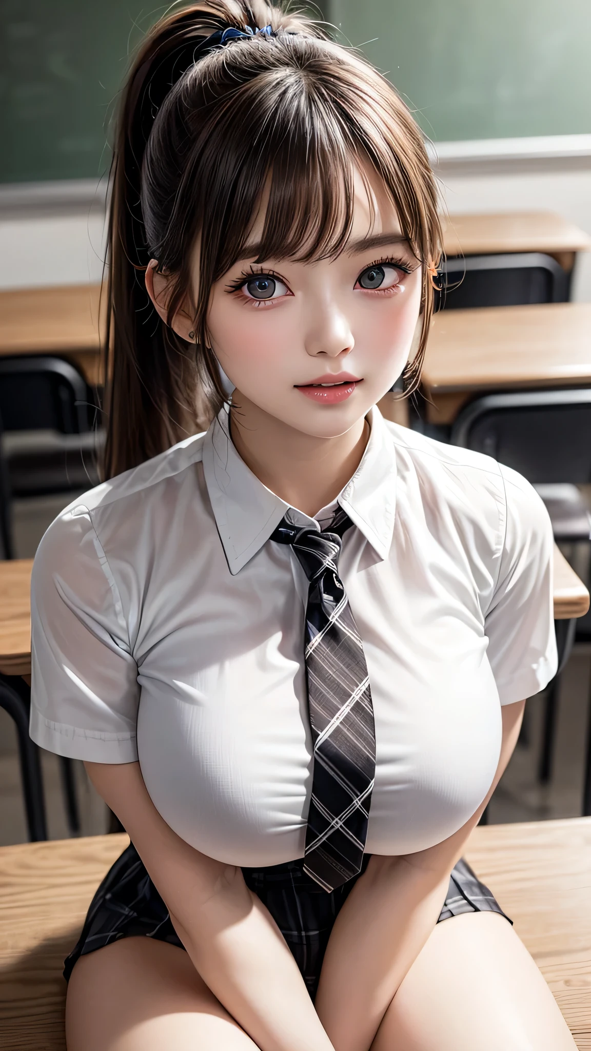 (classroom), (Beautiful and vibrant background), (Huge breasts:1.3), ((tie)), (White short-sleeved collared shirt:1.3), (Checkered Pleated Skirt:1.1), (Beautiful black eyes down to the last detail), (Sit at a desk), (Attractive thighs:1.3), (Full Body Shot:1.4), Big eyes, (Heart shaped eyes), (1 person), (Beautiful Face), Perfect Face, (High nose), Laugh a little, Embarrassing, Highest quality, High resolution, (Beautiful and mature), (original), (masterpiece), (Very nice and beautiful), (Perfect detail), (Unity CG 8K Wallpaper), (Portraiture:1.2), (ponytail), 