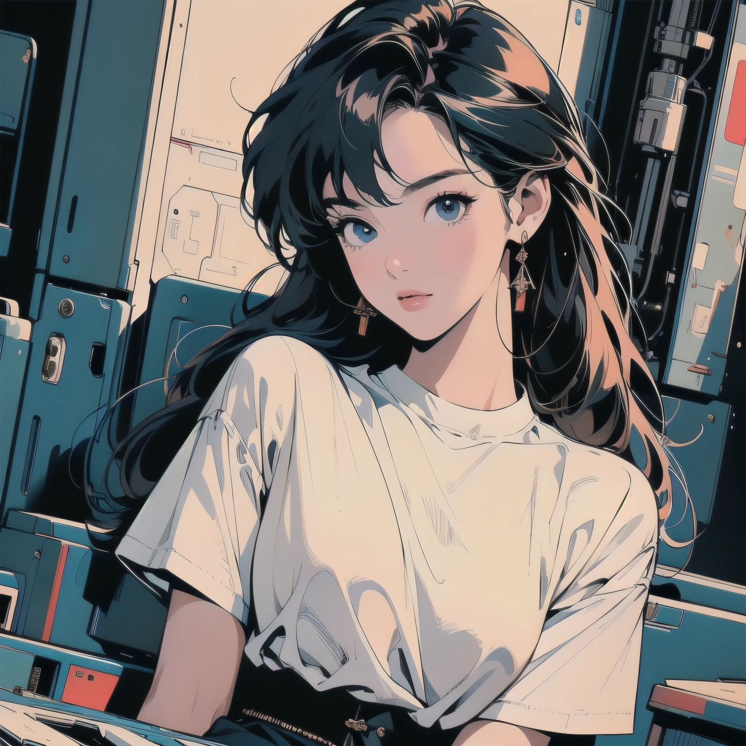 (((masterpiece, Highest quality)))、(((32K Wallpapers)))、The most detailed machine、(((The most complete and detailed colorfull futuristic machine and a woman)))、The most detailed background、(((Flat Chest)))、(((Surrounded by many complex, sophisticated, futuristic machines)))、head shot,((((more various angle))))、((Overall colorfully))、A perfect machine、(((Perfect Face)))、(((The most complete machine of the future)))、Detailed Hair、Trigun、Short sleeve white T-shirt
