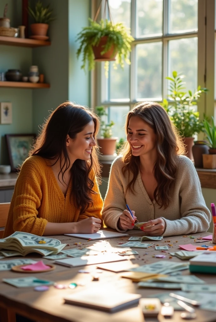 Two slender ladies crafting at a table while smiling at dollars on a table full of papers.