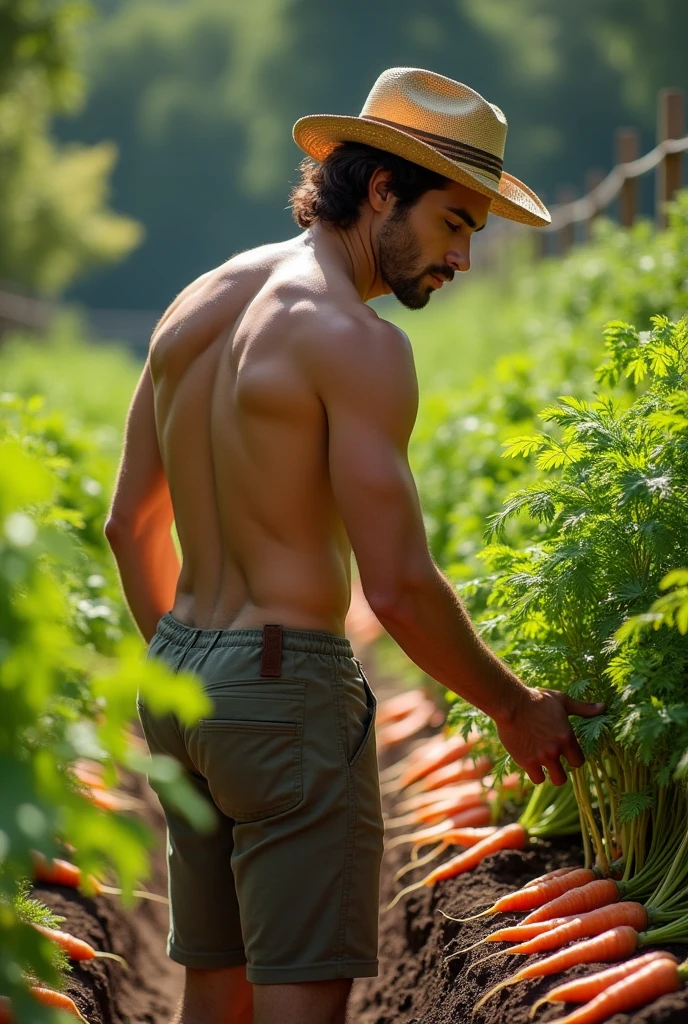 young, Beautiful, handsome, white, skinny, soft skin, beautiful face, shirtless, large beautiful man's backside in a carrot garden picking carrots in a basket hat