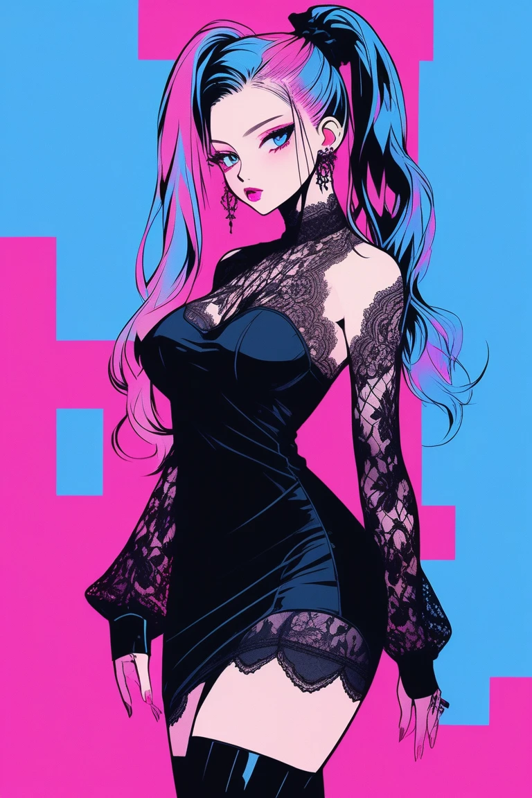 Illustrator, anime , Realistic ,sketch , 1 person, model, lip, A sheer gothic black mini dress with lots of lace.., order, Blue and pink gradient background, Neon-colored ponytail, Big Breasts, whole body, look back, Sexy look, Sexy pose, Texture Trim, Russia, (masterpiece,Highest quality)