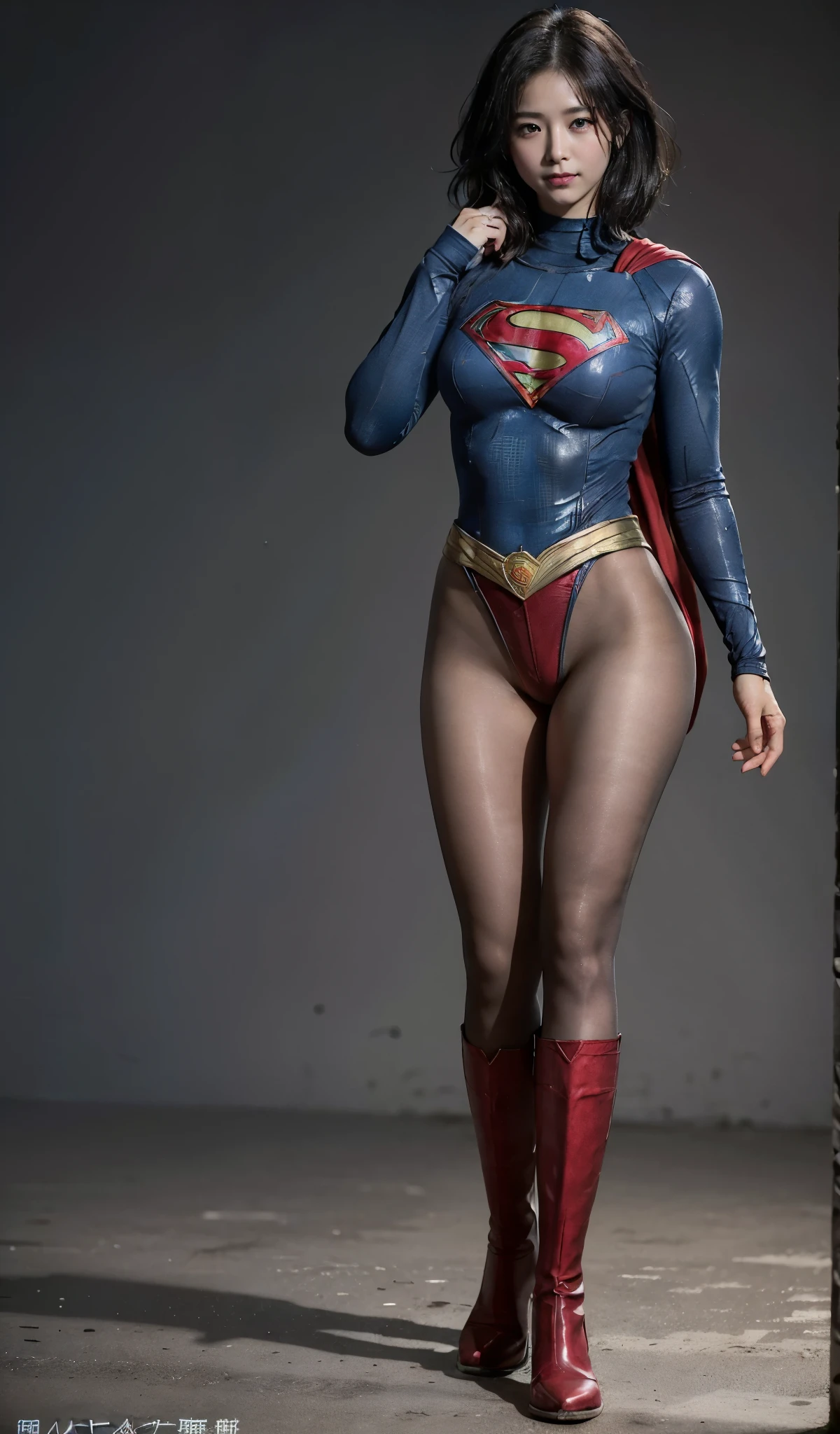No background、(((Beautiful legs in black tights.)))、(((Legally express the beauty of your smile)))、((((Make the most of your original images)))、(((Supergirl Costume)))、(((Beautiful short bob hair)))、(((suffering)))、(((Please wear black tights....、Wear red boots)))、((Best image quality、8k))、((Highest quality、8k、masterpiece:1.3))、(((Preserve background )))、Sharp focus:1.2、Beautiful woman with perfect figure:1.4、Slim Abs:1.2、Wet body:1.5、Highly detailed face and skin texture、8k