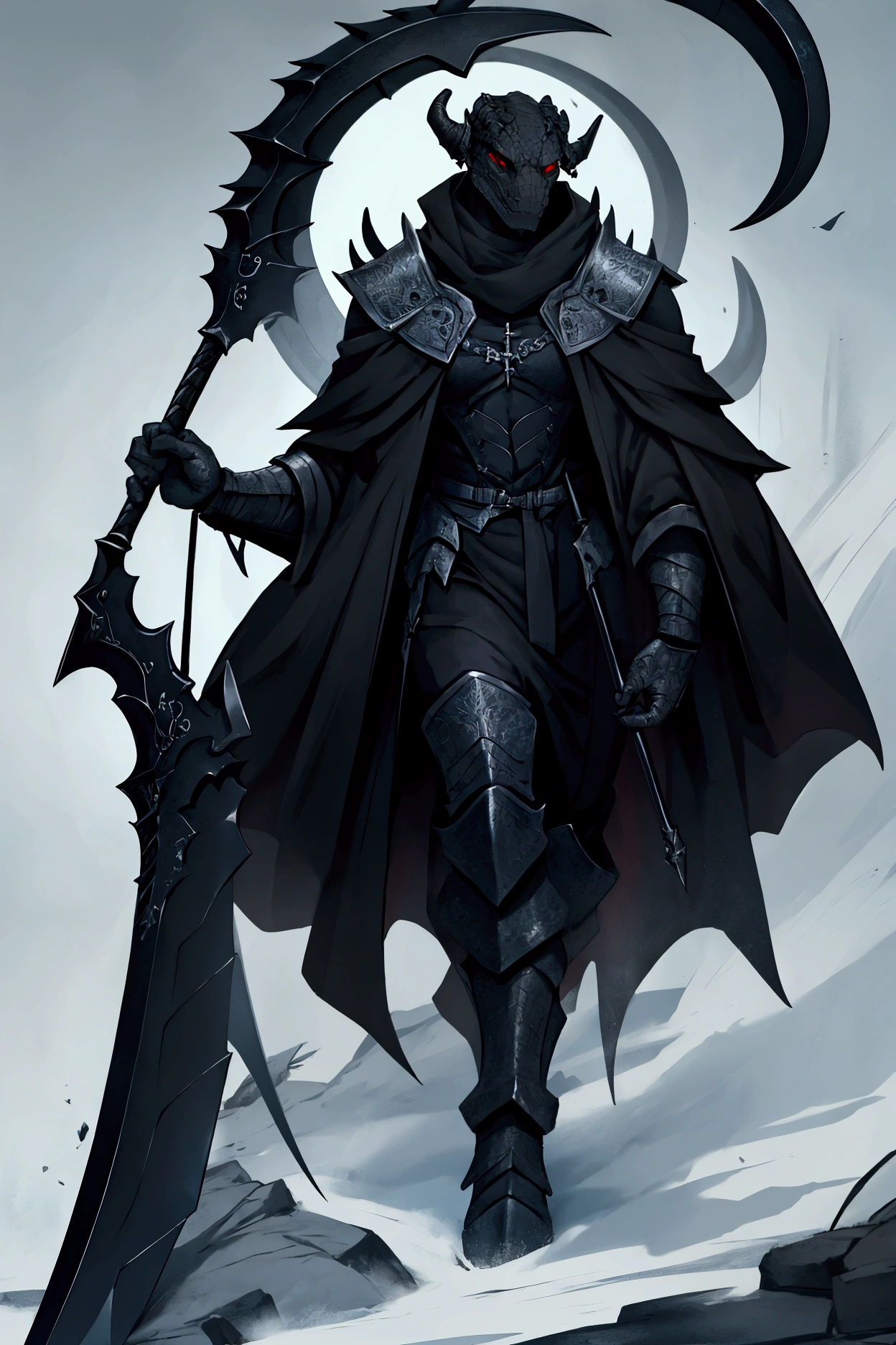 1 dragonborn, masculine, skin black, using a scythe, with necromancer clothes