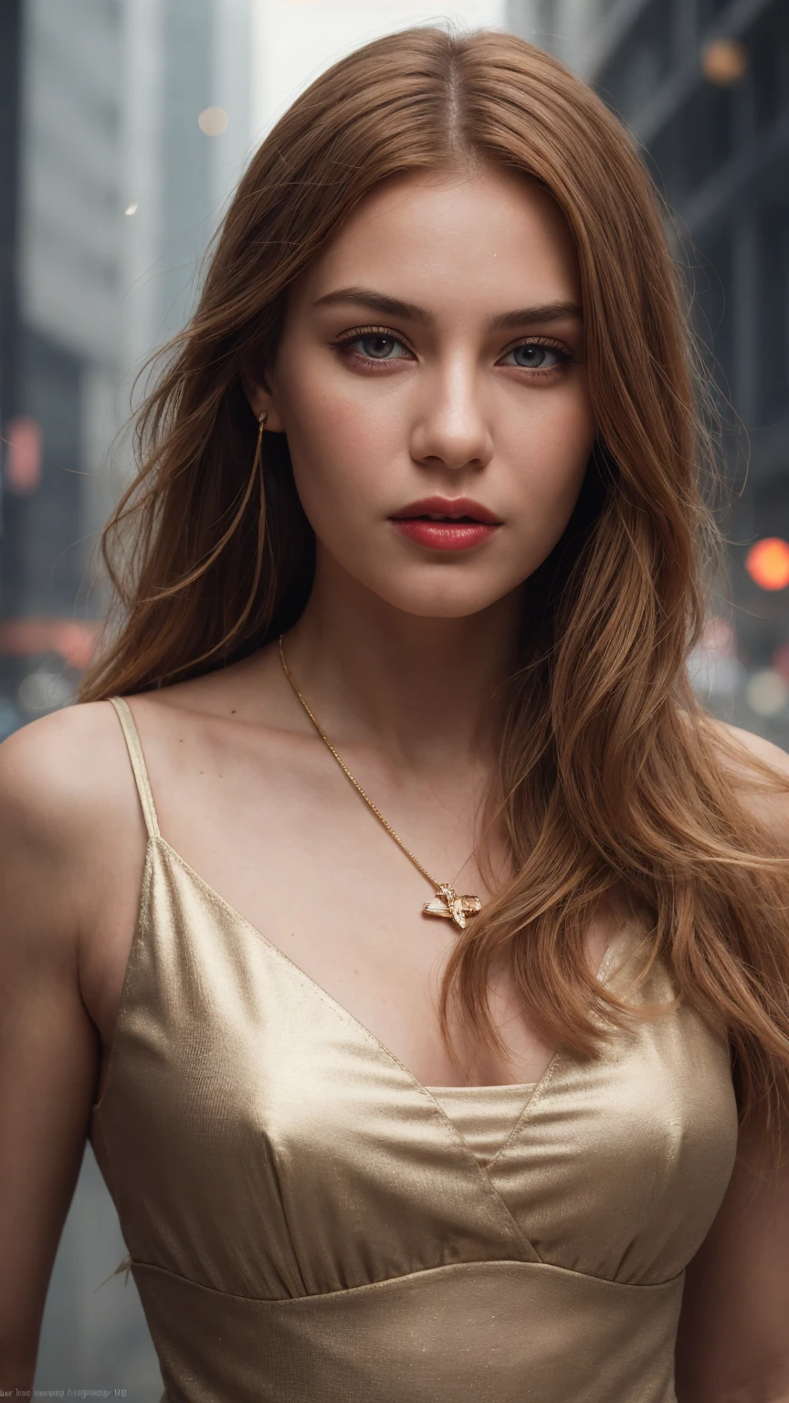 a woman with red hair, hyper-realistic skin, shiny/glossy, modern jewelry, gongbi, portraiture, dark teal and light gold, tropical landscapes, Face portrait photo oF a 21 Year-old German woman, .raw, beautiFul woman, half strawberry lips, strawberry lipstick, Fossettes, big breast, realistic legs, high heels, nostalgic look, detailed light brown eyes, great student, thin eyelashes, (Brown extra long blond hair), ((detailed Face)), ((detailed Facial Features and skin texture)), (Finely detailed skin), light brown skin, (Deep neckline detailing high-tech cyberpunk dress), Cyberpunk big city environment, (cold colors), moist, moist, reFlections, (masterpiece) (height ratio / perfect width) (photo realist) (best quality) (detailed) Shot with Canon EOS R5, ObjectiF 50mm, F/2.8, human development report, (8k) (wallpaper) (light) (Dramatic Light) (sharp focus) (complicated), sharp details, skin detail sharpness,