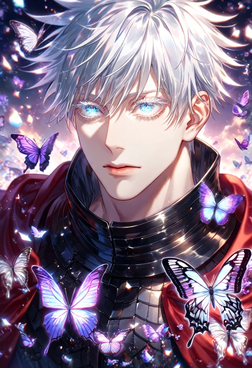 absurdres, highres, ultra detailed, HDR) master piece, best quality, extremely detailed, delicated features, Gojou Satoru, white hair, expressive blue eyes, white eyelashes, Jujutsu Kaisen, solo, sexy man, handsome, sensual, red cape, black armor, knight, black gauntlets, black pants, fantasy, magical, glittering, shining, purple flames, purple moon, purple flowers, purple butterflies, AddDetailedEyes_XL, detailed background