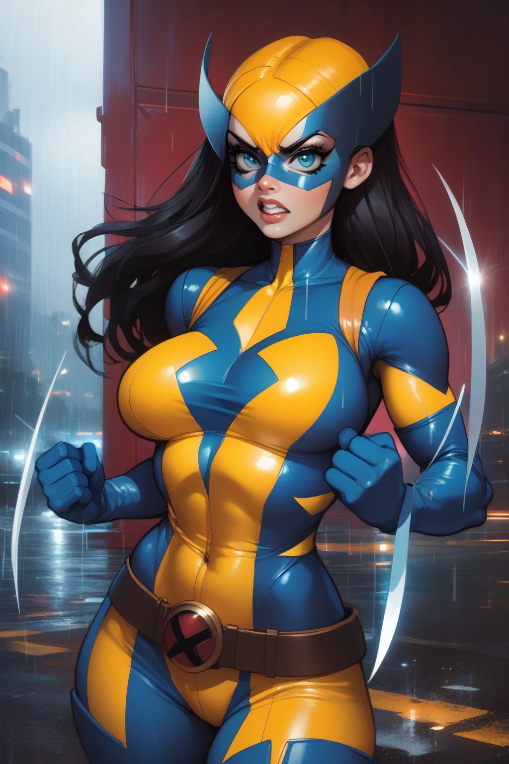 score_9, score_8_up, score_7_up, masterpiece, high quality, BREAK
LraKinyX, long hair, mask, bodysuit, gloves, belt, angry, rain, weapon, four claws, claw (weapon),bodysuit, blue gloves,[GP]Thicc Style,