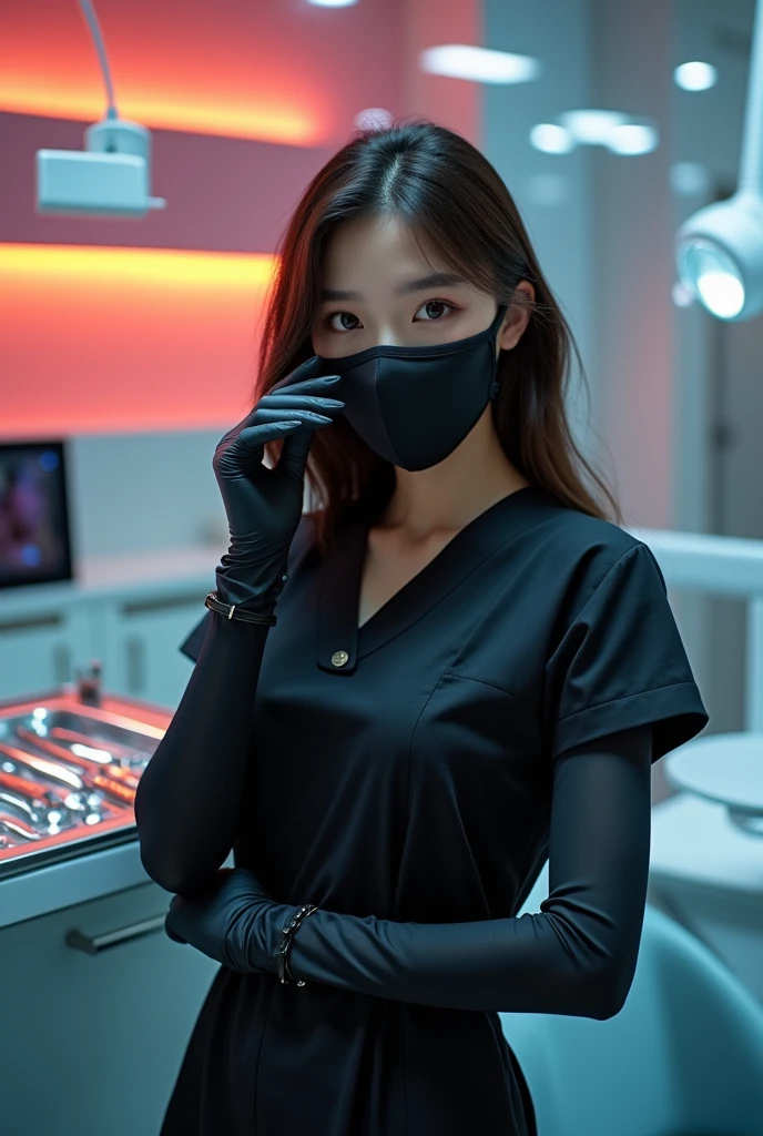 Nsfw. Real dentist nurse horny korean girl, with black gown, black latex gloves, black mask, face shild, instruments