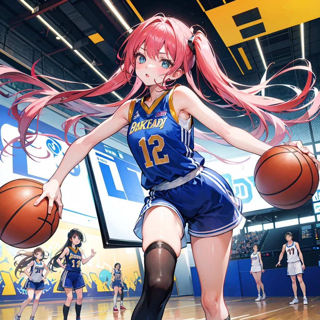 1 girl standing, Wearing a basketball jersey, Very detailed, Practical, Ball, 27 years old, Long hair
