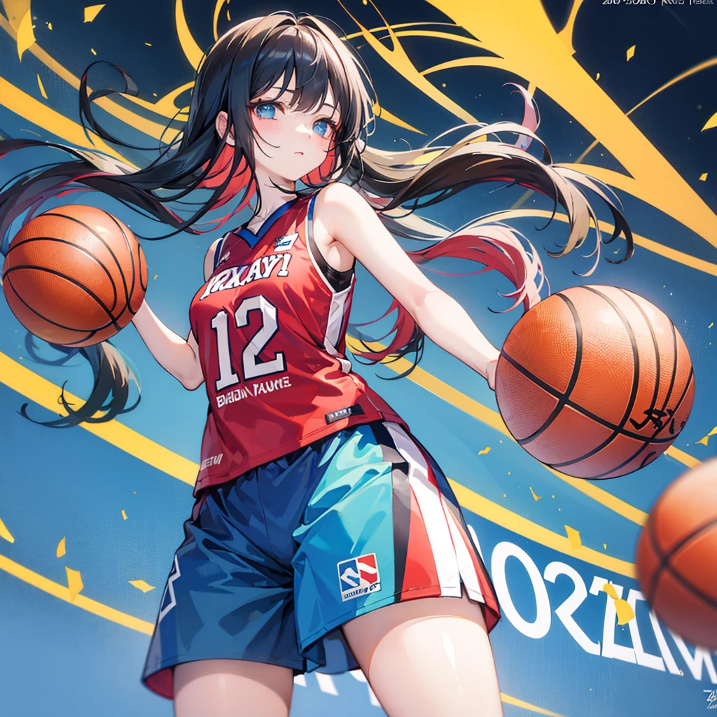1 girl standing, Wearing a basketball jersey, Very detailed, Practical, Ball, 27 years old, Long hair