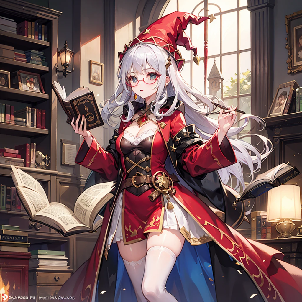 a woman wearing a red hat and glasses holding a book,Silver Hair,She was wearing Harry Potter glasses, Maya Ali as d&a sorceress, Holding a spell book, dressed as a witch, d&d magician, wearing a red wizard hat.
