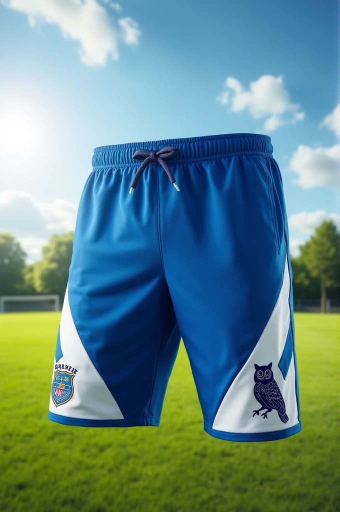 Blue and white soccer shorts, with minimalist owl symbol in the bottom right corner of the shorts