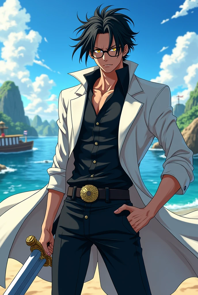 Create a male swordsman character with yellow eyes and black hair with a white streak in the style of the anime One Piece. The character should wear black glasses and a white overcoat with a long-sleeved black shirt and black pants.