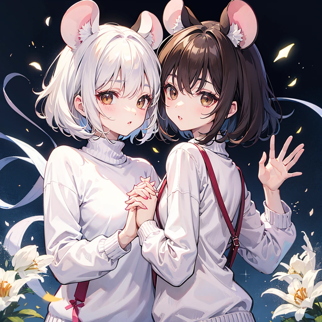 twin, Mouse Girl, Fluffy, short white hair, Round, old mouse ears, White sweater, Holding Hands, ((Dark brown eyes)), couple, beautiful, Glossy lips, Delicate eyes