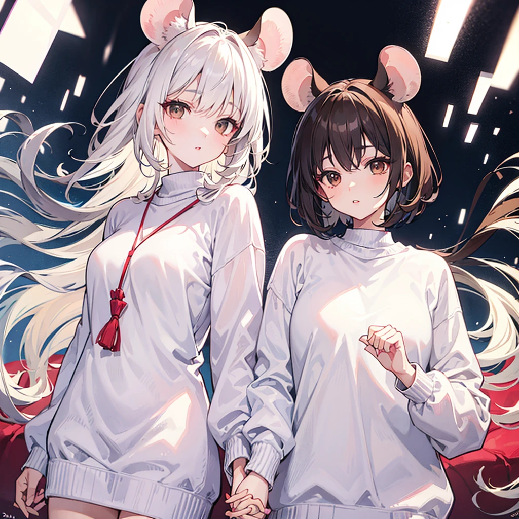 twin, Mouse Girl, Fluffy, short white hair, Round, old mouse ears, White sweater, Holding Hands, ((Dark brown eyes)), couple, beautiful, Glossy lips, Delicate eyes  