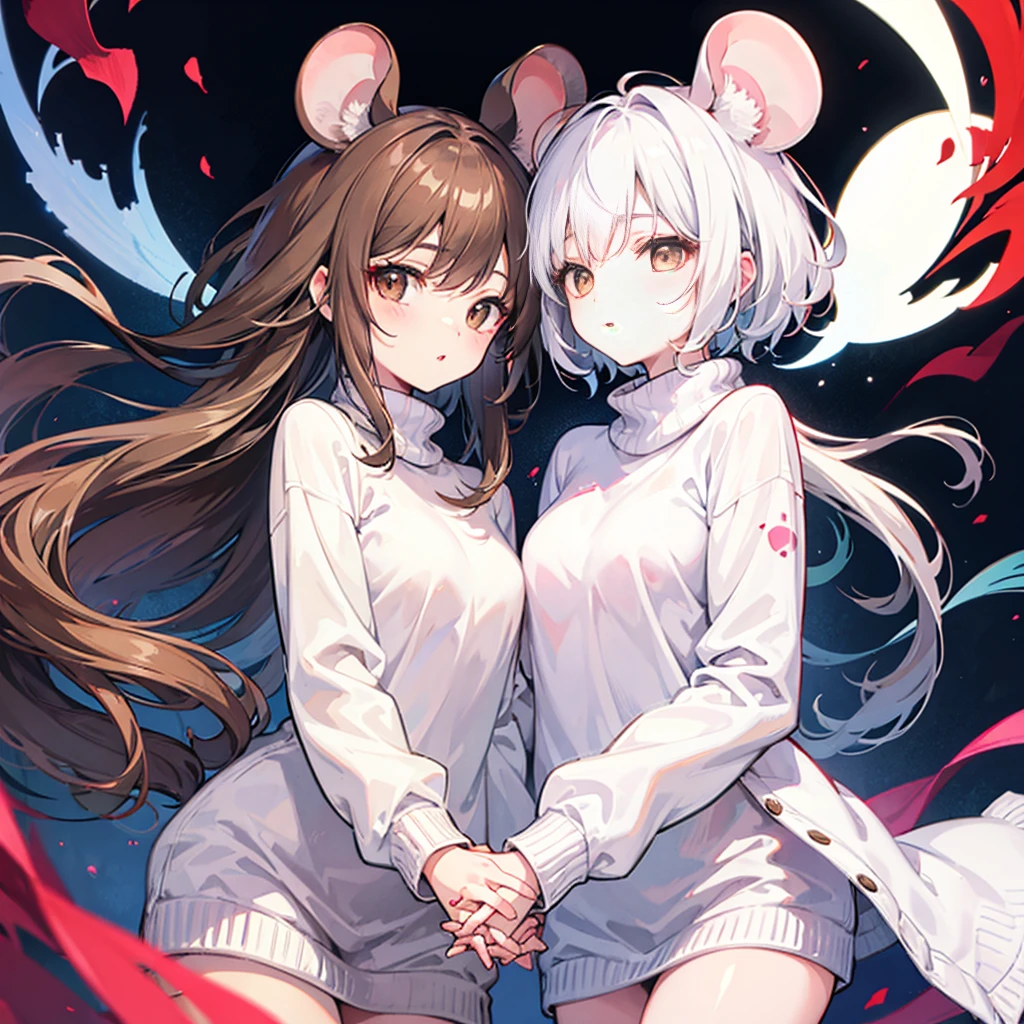 twin, Mouse Girl, Fluffy, short white hair, Round, old mouse ears, White sweater, Holding Hands, ((Dark brown eyes)), couple, beautiful, Glossy lips, Delicate eyes  