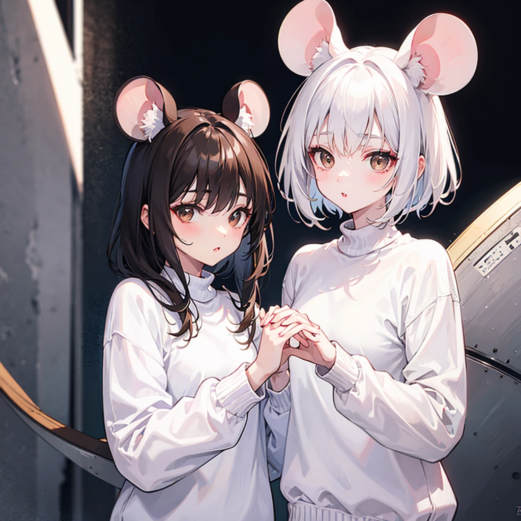 twin, Mouse Girl, Fluffy, short white hair, Round, old mouse ears, White sweater, Holding Hands, ((Dark brown eyes)), couple, beautiful, Glossy lips, Delicate eyes