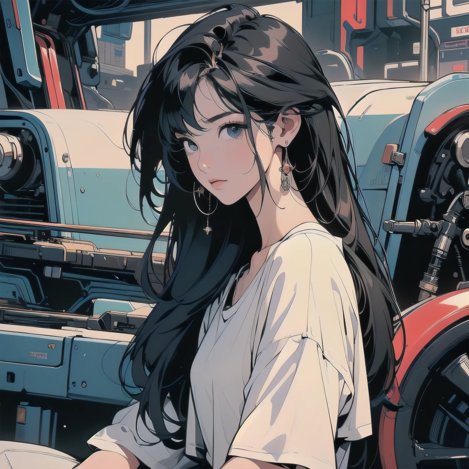 (((masterpiece, Highest quality)))、(((32K Wallpapers)))、The most detailed machine、(((The most complete and detailed colorfull futuristic machine and a woman)))、The most detailed background、(((Flat Chest)))、(((Surrounded by many complex, sophisticated, futuristic machines)))、head shot,((((more various angle))))、((Overall colorfully))、A perfect machine、(((Perfect Face)))、(((The most complete machine of the future)))、Detailed Hair、Trigun、Short sleeve white T-shirt