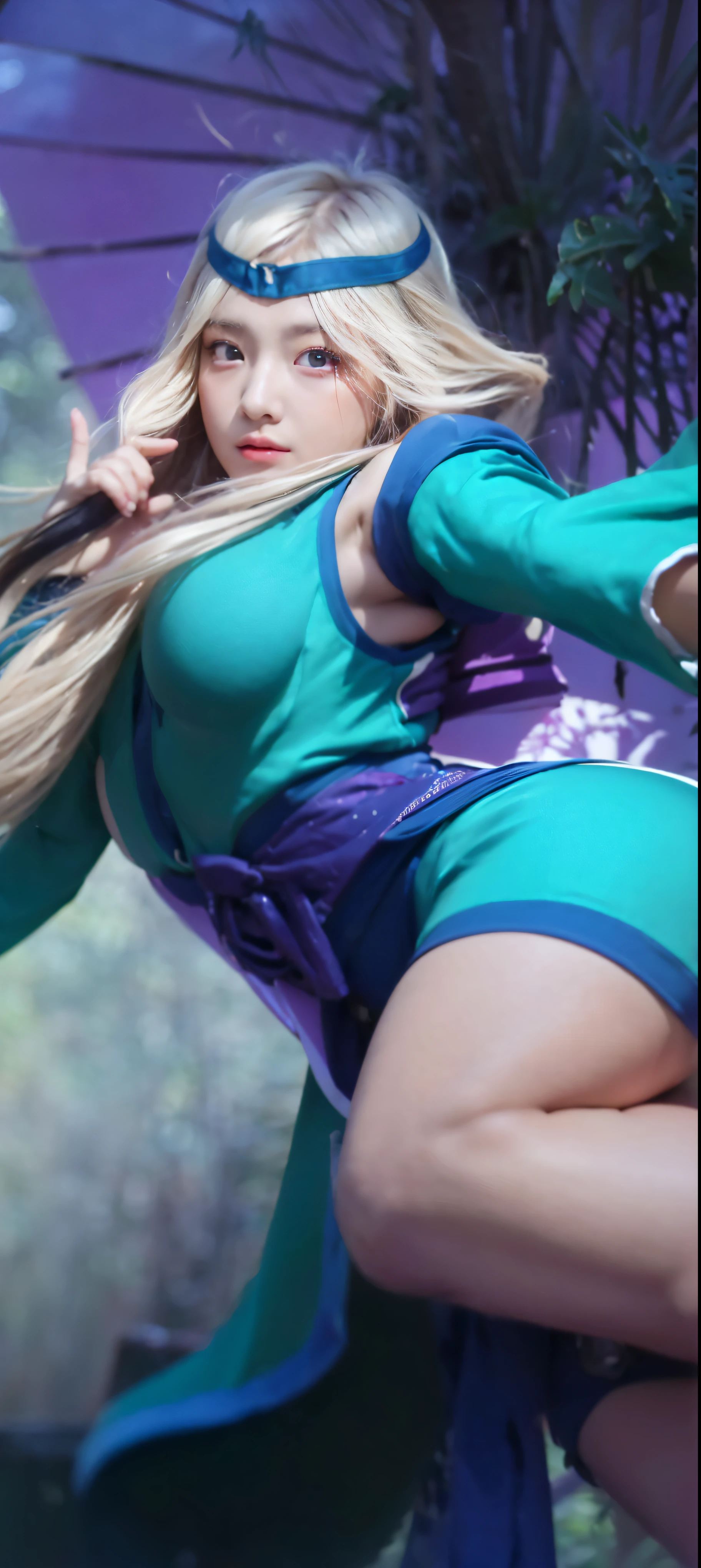 (8K), (high detail), (high resolution), (high quality), (best quality), 1girl, taiwan girl, taiwanese, taiwandolllikeness, pale skin, (teenage, teenager, teen, young), long hair, bangs, (huge breasts:1.4), sagging breast, (mobile legends), (full body), standing, in the jungle