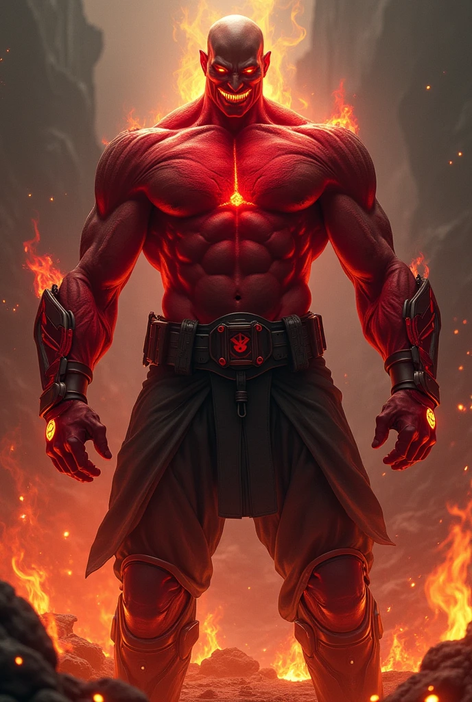 Male, giant, muscular, bald, red skin, glowing eyes, shark-like teeth, red power armor with black underarms, black pants, lantern symbol, red boots, fire aura