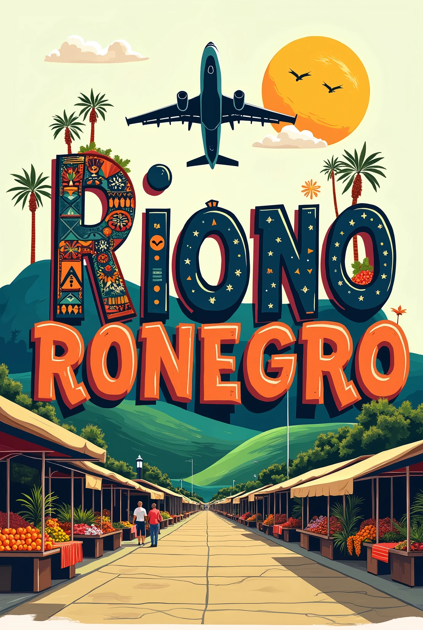 Design the word 'Rionegro' in big letters, each featuring different aspects of the city's rich history, modern infrastructure, and the Rio Negro river. Include surrounding elements such as airplanes representing the José María Córdova International Airport, local markets, and the rolling green hills