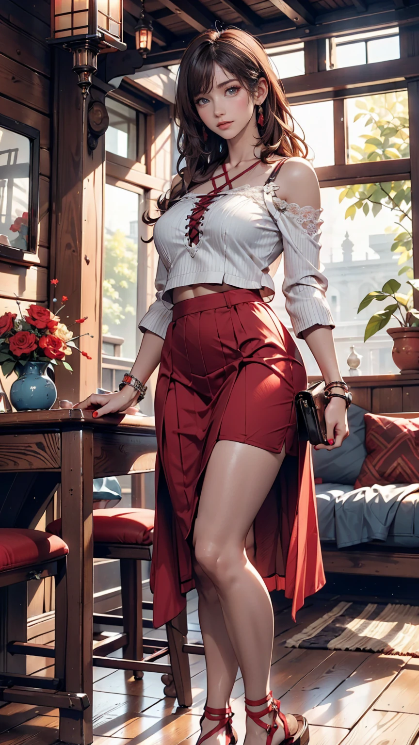 ( (8k:1.27), Highest quality, masterpiece, Ultra-high resolution:1.2) Cute Japanese Women Photos (beautiful:1.1)、Brown Hair、long hair、hair band、blouse with lace embellishments（Sheer)、No sleeve、Bracelet、Navel visible、Low-rise mini pleated skirt、Lace-up sandals、Red nail polish、Red peticure、handbag slung over shoulder、Rome、Spanish Steps