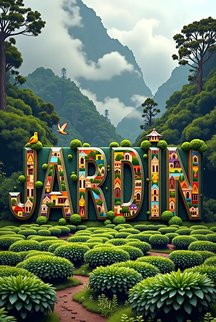 Create an image of the word 'Jardín' where each letter is filled with scenes of the town's central park, the historic church, and the surrounding cloud forests. Include vibrant flowers, Andean cock-of-the-rock birds, and local farmers tending to coffee fields around the word