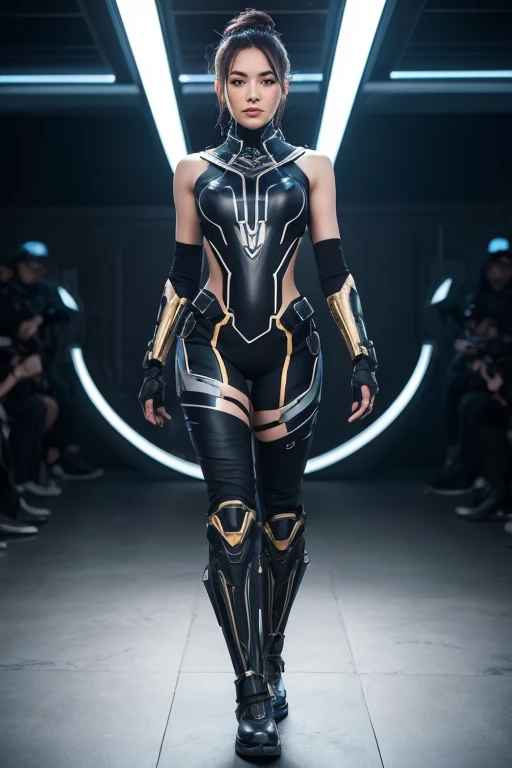 In a dynamic full-body shot, a charismatic female cosplayer presents a sleek, futuristic battle suit designed for both agility and combat. The suit is form-fitting and made from high-tech, flexible material that allows for fluid movement, featuring a streamlined design with integrated devices and glowing accents. It includes practical elements like enhanced gauntlets with built-in control panels, integrated communication devices, and multi-functional pouches for tools and gadgets.
Her outfit is completed with lightweight, armored boots and reinforced knee pads that offer protection while maintaining mobility. She wields an impressive long, futuristic sabre with a glowing, energy-infused blade that complements the suit’s high-tech aesthetic. Her hair is styled for practicality and flair, and her makeup emphasizes her fierce, focused look. The backdrop is a sleek, sci-fi setting with ambient lighting that accentuates the suit’s glowing elements and the cutting-edge design of her weapon.