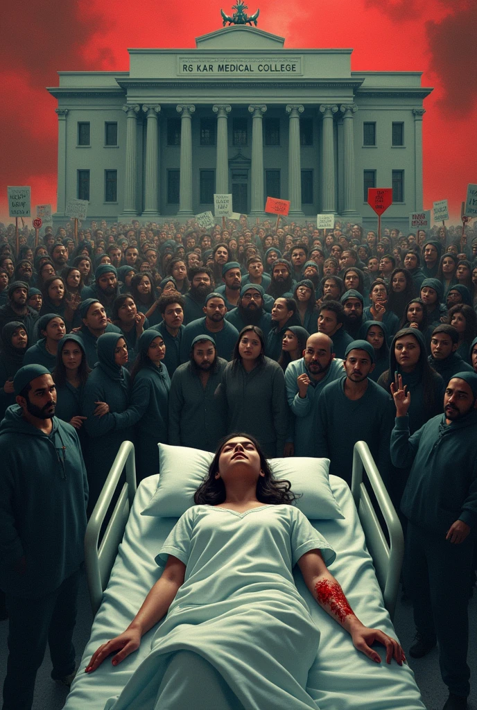 Ek 3d photo of girl doctor with injury and blood on all body lying on bed and a building writing RG Kar Medical College and crowd of people who doing protest with red black background