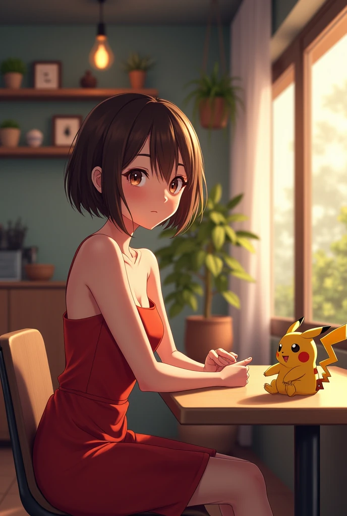 mesa, Best Quality, High resolution, interior, 1 girl, Alone, can (the pokemon), (((short brown hair))), (((hair machine on the sides))), bare shoulders, bare arms, with a side part, (((red mini dress))), young girl