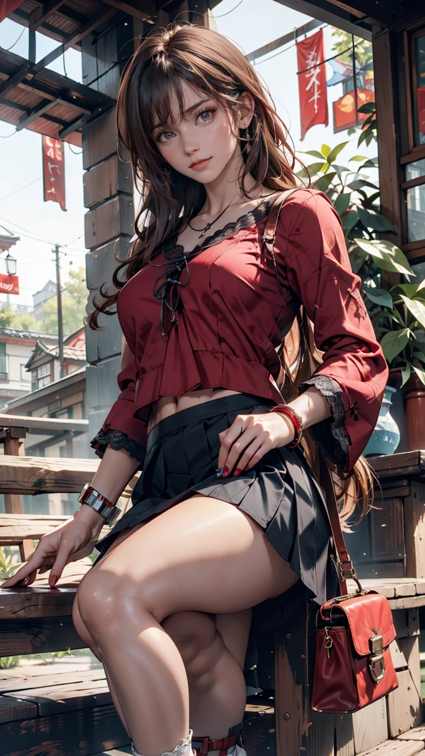 ( (8k:1.27), Highest quality, masterpiece, Ultra-high resolution:1.2) Cute Japanese Women Photos (beautiful:1.1)、Brown Hair、long hair、hair band、blouse with lace embellishments(Sheer)、No sleeve、Bracelet、Navel visible、Low-rise mini pleated skirt、Lace-up sandals、Red nail polish、Red peticure、handbag slung over shoulder、Rome、Spanish Steps
