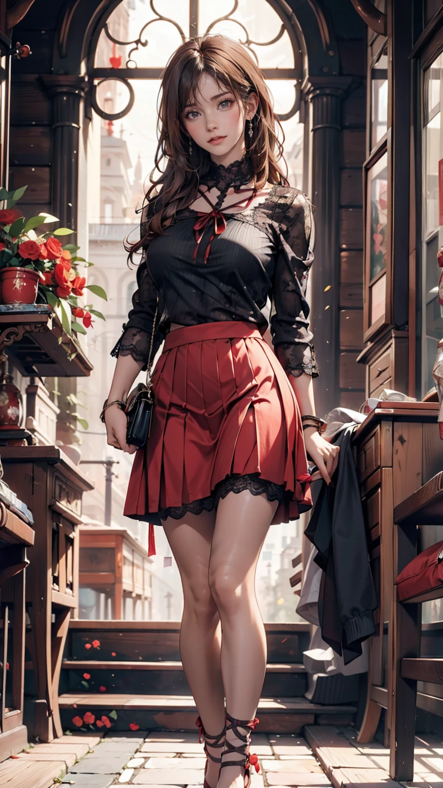 ( (8k:1.27), Highest quality, masterpiece, Ultra-high resolution:1.2) Cute Japanese Women Photos (beautiful:1.1)、Brown Hair、long hair、hair band、blouse with lace embellishments(Sheer)、No sleeve、Bracelet、Navel visible、Low-rise mini pleated skirt、Lace-up sandals、Red nail polish、Red peticure、handbag slung over shoulder、Rome、Spanish Steps
