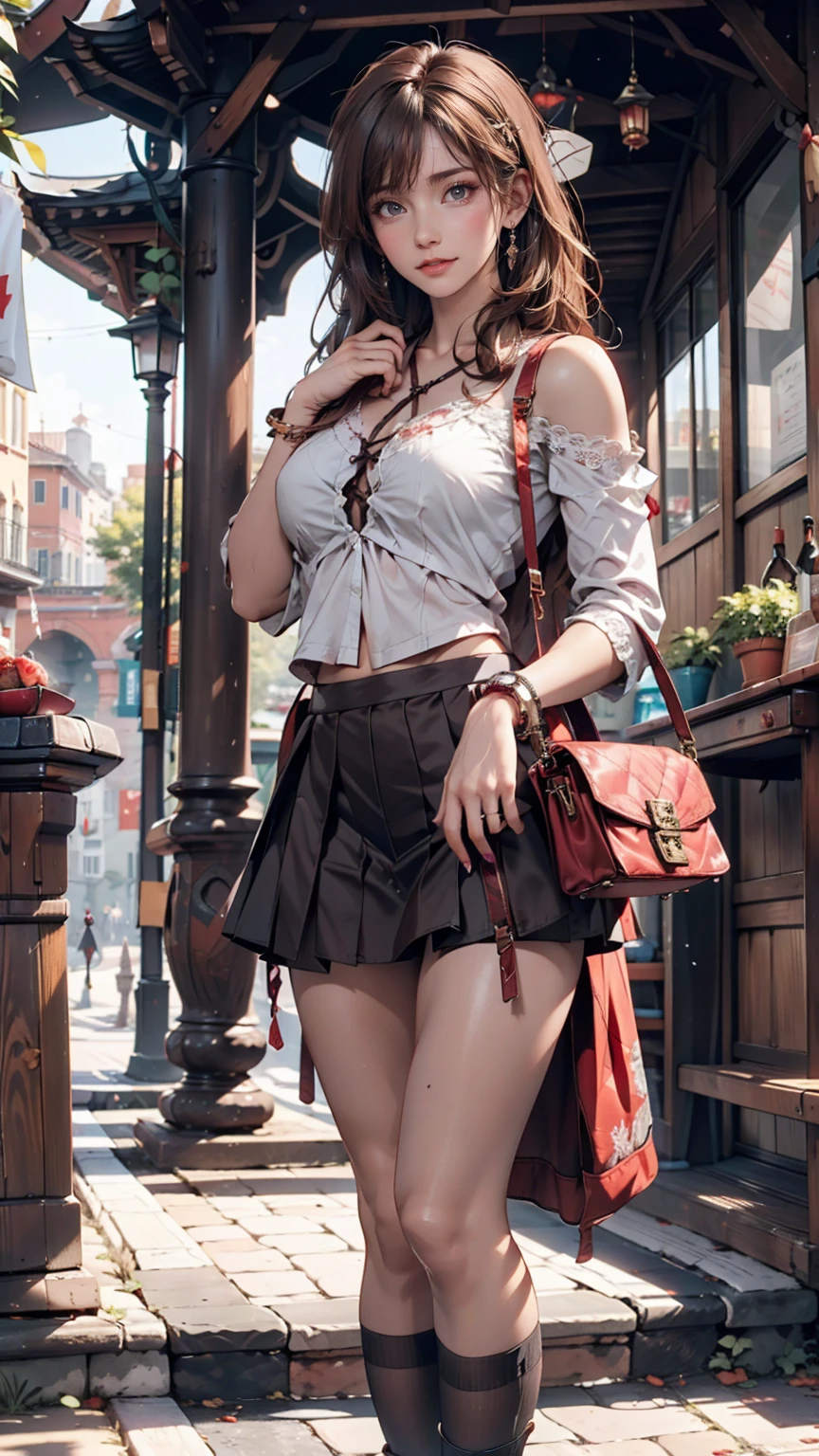 ( (8k:1.27), Highest quality, masterpiece, Ultra-high resolution:1.2) Cute Japanese Women Photos (beautiful:1.1)、Brown Hair、long hair、hair band、blouse with lace embellishments（Sheer)、No sleeve、Bracelet、Navel visible、Low-rise mini pleated skirt、Lace-up sandals、Red nail polish、Red peticure、handbag slung over shoulder、Rome、Spanish Steps