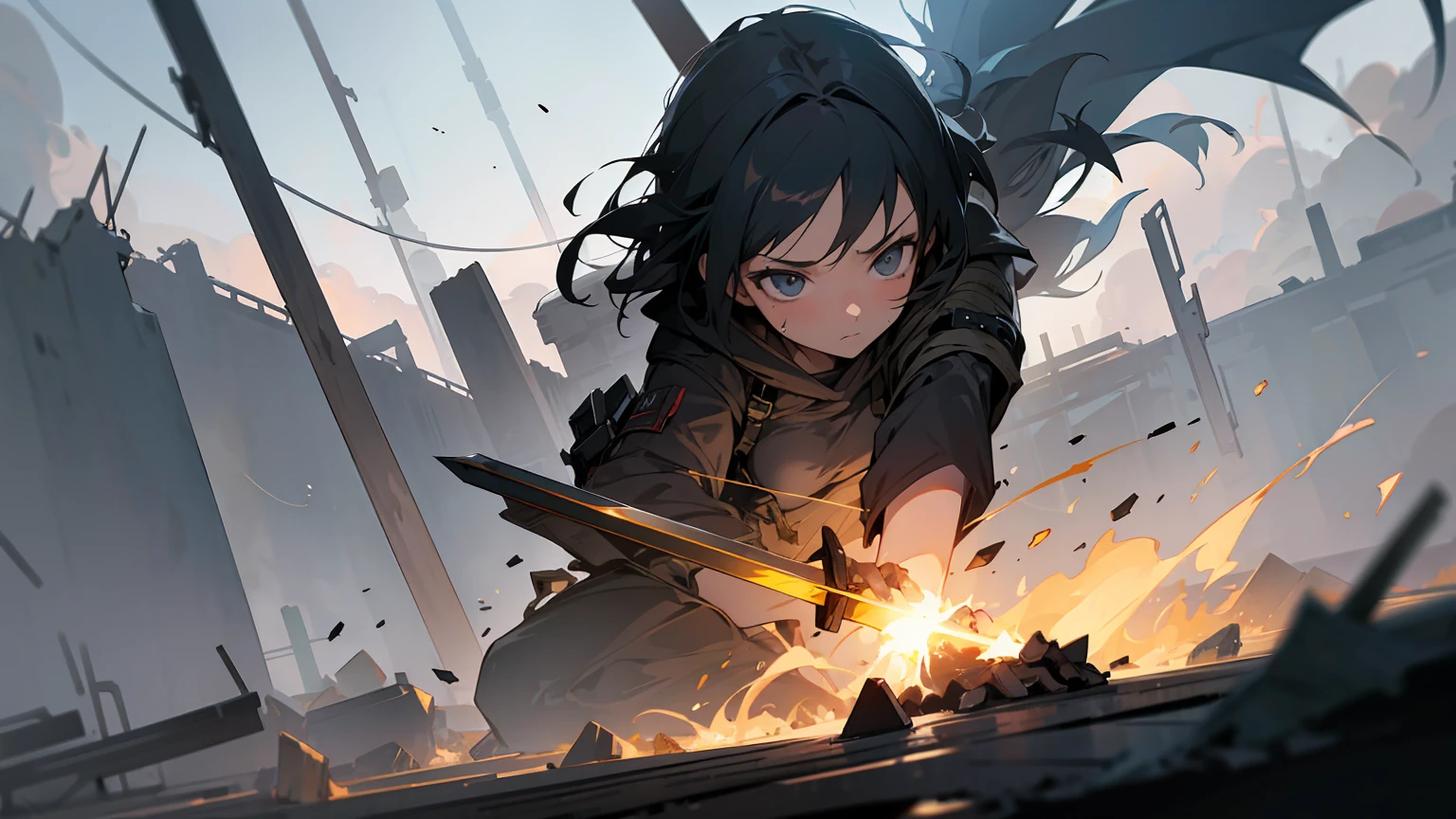 1girl, background epic, battle scene, halfbody, dark pallet, wreckage, full hd, super resolution, sword, dust, smoke, grey pallet