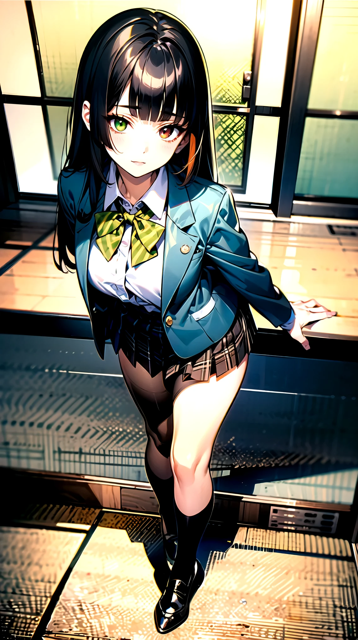 （（super high quality,Ultra-high resolution,4K,8k,super masterpiece,Ultra HD ,Detailed shading））,Full body photo,Morning Classroom,One high school girl,a green blazer with blue,White dress shirt unbuttoned to the second button,A yellow striped bow tie,Brown plaid mini skirt,Black tights,Long black straight hair,Side-swept bangs,Orange and green heterochromia,Sharp eyes with raised,happy,Lean forward with your body tilted diagonally to the side,