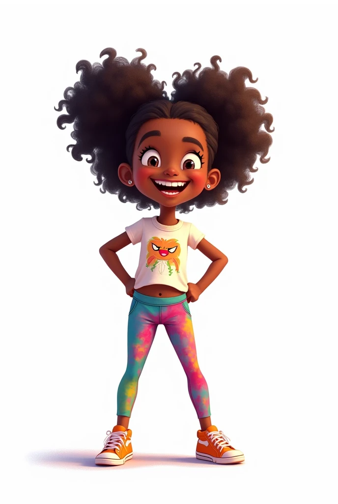 cartoon beautiful girl, age 10 years, black skin color, by laughter, with modern clothes, on white background