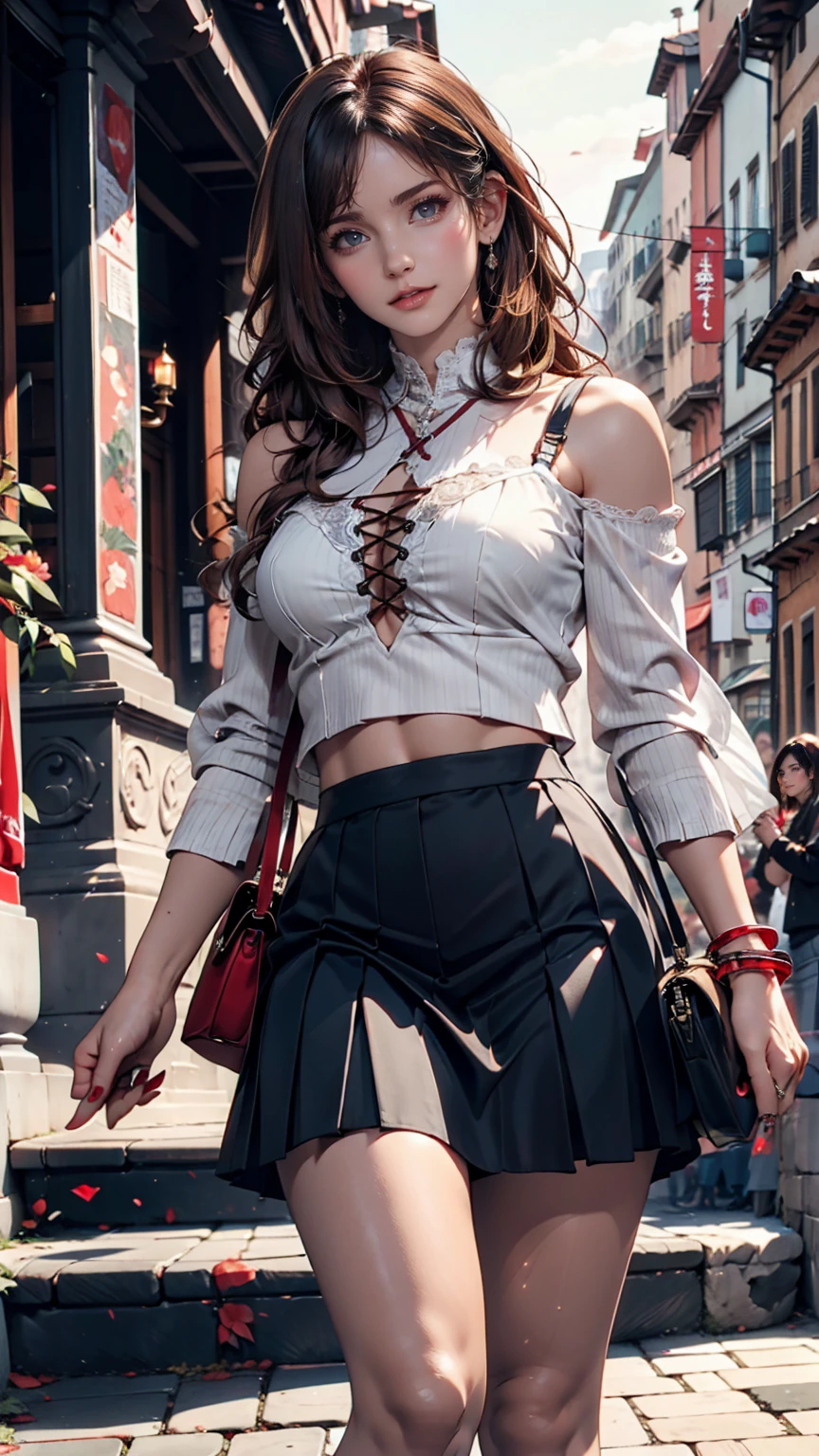 ( (8k:1.27), Highest quality, masterpiece, Ultra-high resolution:1.2) Cute Japanese Women Photos (beautiful:1.1)、Brown Hair、long hair、hair band、blouse with lace embellishments(Sheer)、No sleeve、Bracelet、Navel visible、Low-rise mini pleated skirt、Lace-up sandals、Red nail polish、Red peticure、handbag slung over shoulder、Rome、Spanish Steps