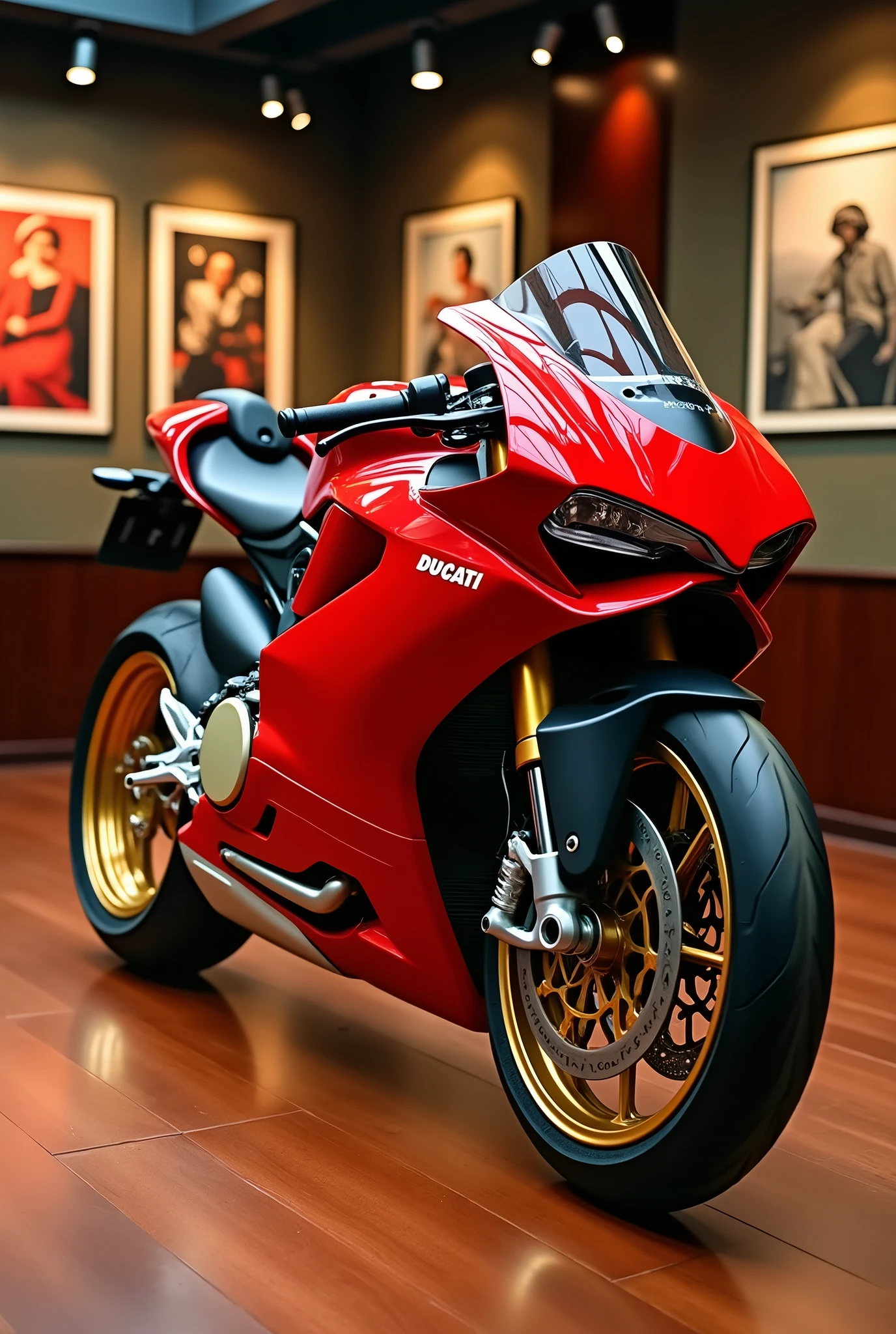 a Ducati, given the branding on its side. The bike is parked indoors, possibly in a showroom or gallery, as indicated by the polished wooden floor and the framed Ducati artwork in the background. The motorcycle's design features include a fairing that covers part of the frame and engine, a sleek seat, and a sporty rear cowl. The wheels are equipped with performance tires, and the front wheel has a gold-colored rim, suggesting a high-end model. The presence of the motorcycle in an indoor setting with an artistic backdrop may imply that this is a display meant to showcase not only the bike but also its aesthetic appeal within a curated environment.