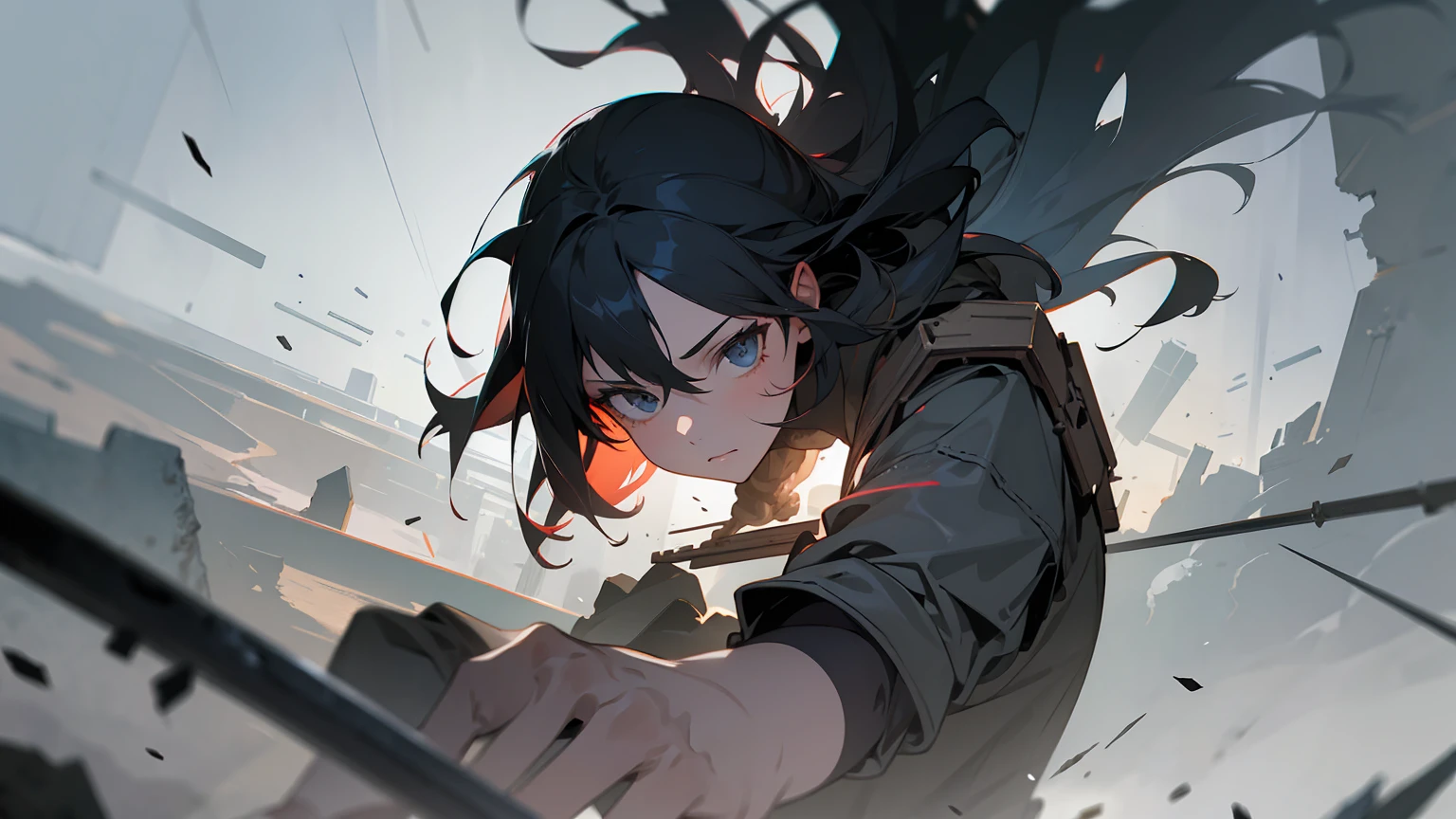 1girl, background epic, battle scene, halfbody, dark pallet, wreckage, full hd, super resolution, sword, dust, smoke, grey pallet