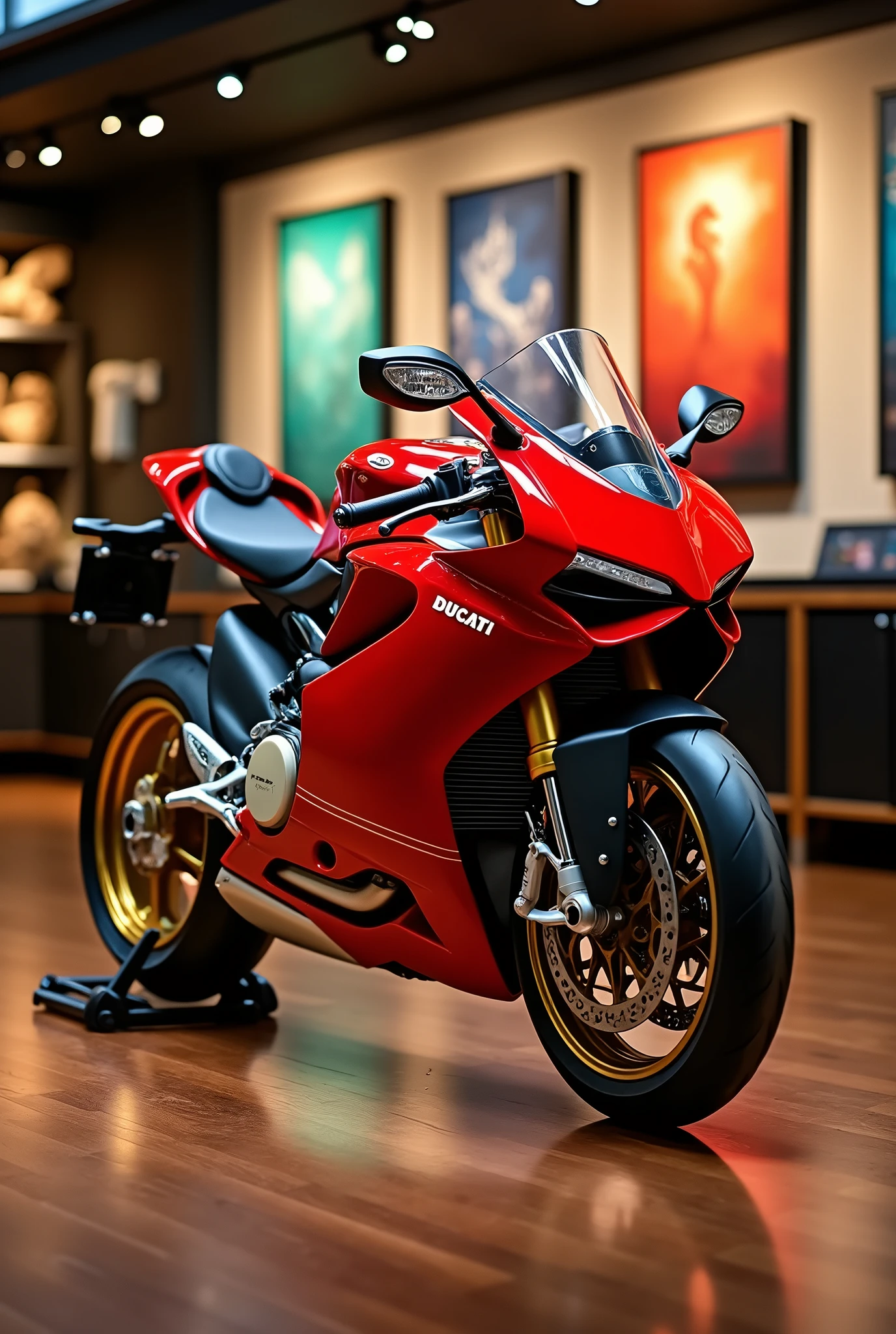 a Ducati, given the branding on its side. The bike is parked indoors, possibly in a showroom or gallery, as indicated by the polished wooden floor and the framed Ducati artwork in the background. The motorcycle's design features include a fairing that covers part of the frame and engine, a sleek seat, and a sporty rear cowl. The wheels are equipped with performance tires, and the front wheel has a gold-colored rim, suggesting a high-end model. The presence of the motorcycle in an indoor setting with an artistic backdrop may imply that this is a display meant to showcase not only the bike but also its aesthetic appeal within a curated environment.