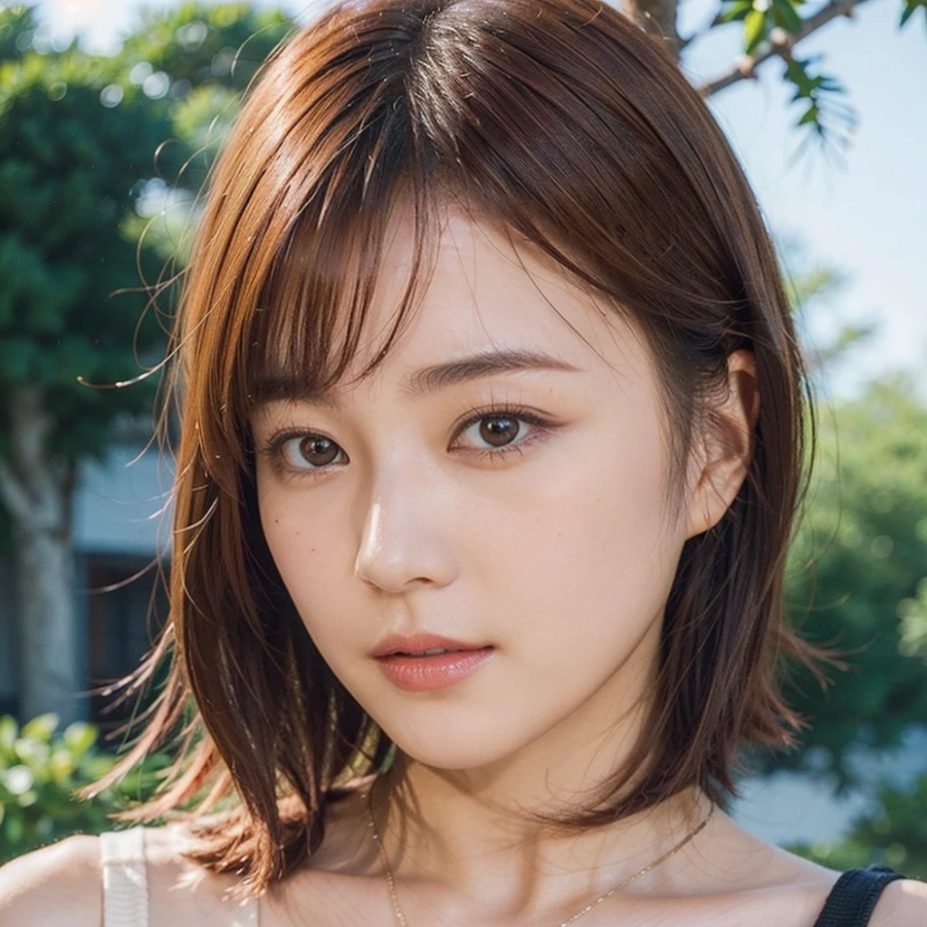 Model actress、One Woman、Singer-songwriter、cool、Japanese and half European、Bright orange hair colour、short hair、Outdoor、Close-up of face、30 generation beauty