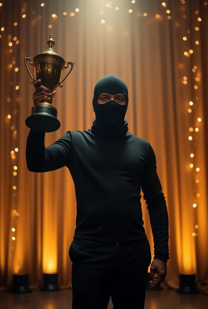 a man with balaclava winning a award