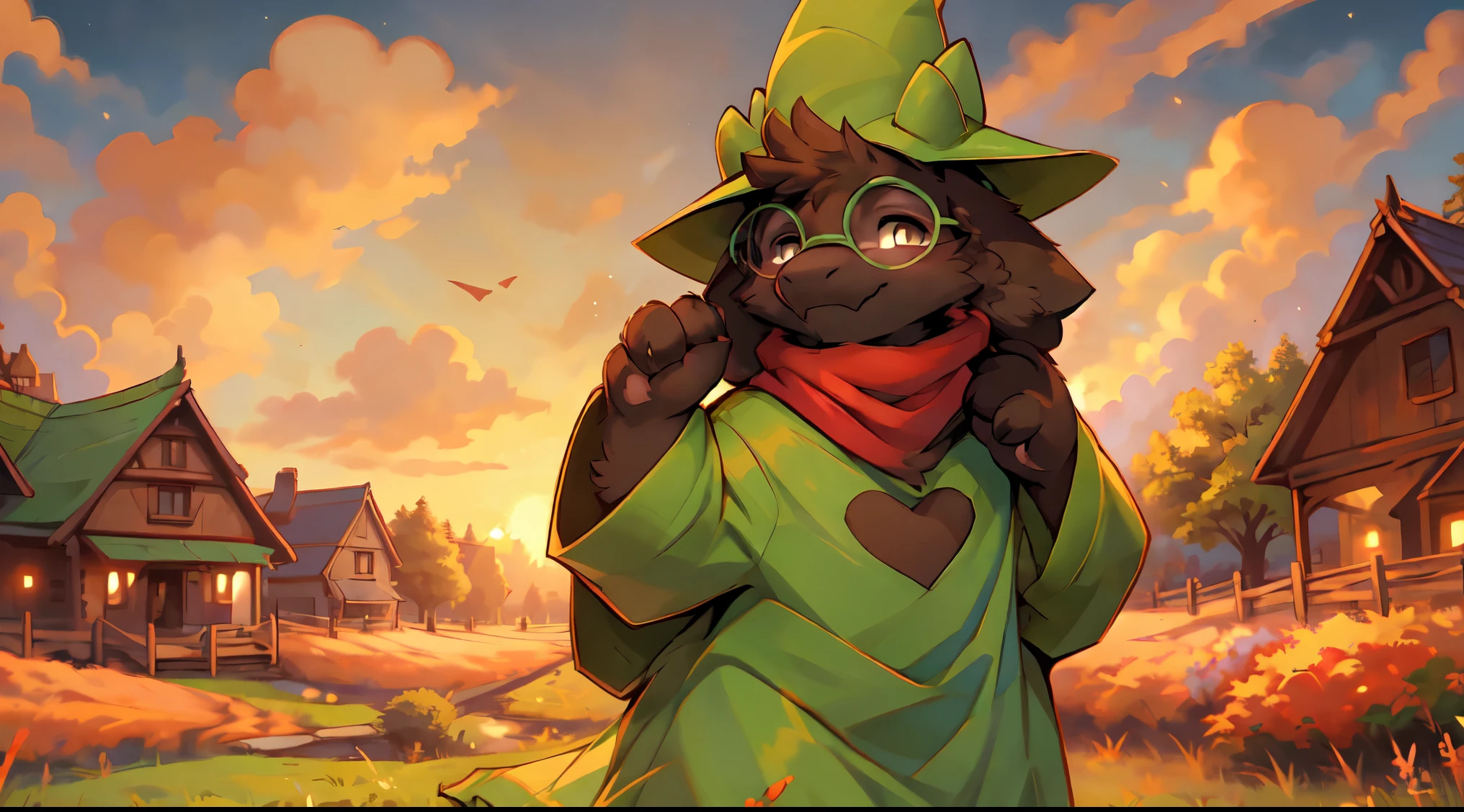 uploaded on e621, ((by Reysi)), (((Ralsey))), (goat), (Red scarf, green robe, green wizard hat, green glasses), smile, (pose:1.3), (Posing:1.3), (Soft shading), 4k, in an orange field with a town in the distance at sunset
