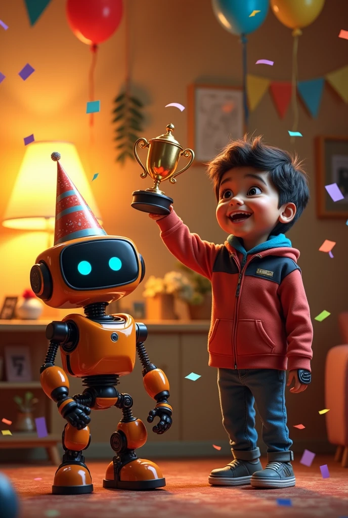 Celebrating Achievements:
Prompt: “Ravi and Robo celebrate Ravi’s success with a small party in his room. Ravi is holding a small trophy or certificate, and Robo has a festive accessory like a party hat.”
