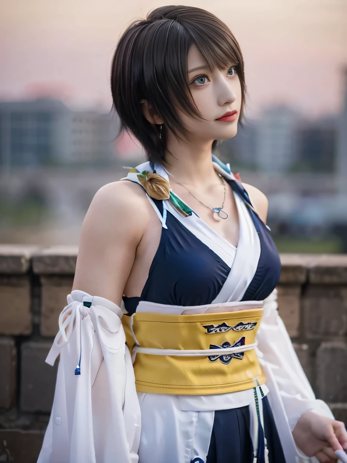20 year old Japanese beauty,One person、Muscular body like a bodybuilder、Emphasize the breasts、Slit eyes、A head-to-toe view,Bust is very very large、The background is a medieval European kitchen、High quality photos、Clear, crisp images of the lower body、Masterpiece 8k、Ecstatic face、Eating a hot dog over a kamado grill.、From the front, from the side, from the back, etc.々from what camera angle to shoot、FF10 Yuna's outfit